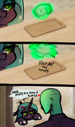 Size: 640x1080 | Tagged: safe, artist:koveliana, imported from twibooru, queen chrysalis, oc, oc:anon, changeling, changeling queen, human, /chag/, /mlp/, 3 panel comic, 4chan, comic, dialogue, fangs, female, hairpin, hand, heart, image, magic, magic hands, male, needs more jpeg