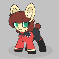 Size: 1876x1876 | Tagged: safe, artist:sodapop sprays, imported from derpibooru, oc, oc only, oc:horsely, oc:sadels horsely, earth pony, pony, clothes, commission, ear piercing, freckles, looking at you, lower decks, piercing, solo, star trek, star trek:lower decks, uniform, ych result, your character here