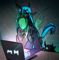 Size: 1171x1198 | Tagged: safe, artist:koveliana, imported from twibooru, queen chrysalis, oc, oc:anon, changeling, changeling queen, human, /chag/, /mlp/, 4chan, computer, female, hairpin, heart, hug, hug from behind, image, laptop computer, male, needs more jpeg, table, tugging