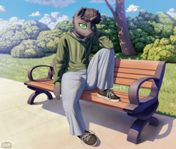 Size: 4386x3700 | Tagged: safe, artist:suhar, imported from derpibooru, oc, oc only, oc:rich, anthro, changeling, plantigrade anthro, bench, bush, clothes, concrete, dappled sunlight, denim, eyebrows, eyebrows visible through hair, eyelashes, grass, grass field, green eyes, hoodie, horn, jeans, lace, looking at you, male, nature, outdoors, pants, park bench, shirt, shoes, sitting, sky, sneakers, solo, t-shirt, tree