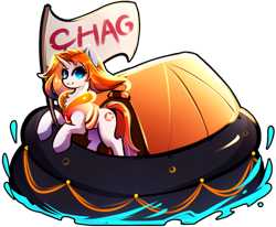 Size: 2185x1804 | Tagged: safe, artist:koveliana, imported from twibooru, oc, oc only, unnamed oc, pony, unicorn, /chag/, /mlp/, 4chan, female, flag, image, inflatable raft, lifejacket, looking at you, mare, png, raft, simple background, smiling, solo, transparent background