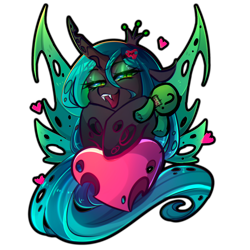 Size: 2250x2250 | Tagged: safe, artist:koveliana, imported from twibooru, queen chrysalis, changeling, changeling queen, /chag/, /mlp/, 4chan, anon plushie, fangs, female, hairpin, heart, image, lidded eyes, looking at you, open mouth, open smile, plushie, png, simple background, solo, transparent background