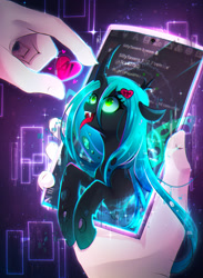 Size: 1880x2572 | Tagged: safe, artist:koveliana, imported from twibooru, queen chrysalis, changeling, changeling queen, human, /chag/, /mlp/, 4chan, cellphone, eyes on the prize, fangs, female, hairpin, heart, image, needs more jpeg, offscreen character, open mouth, phone, smartphone, tongue out