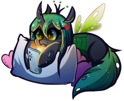 Size: 1080x875 | Tagged: safe, artist:koveliana, imported from twibooru, queen chrysalis, changeling, changeling queen, /chag/, /mlp/, 4chan, cellphone, female, hairpin, heart, hoof hold, image, phone, pillow, png, simple background, smartphone, transparent background