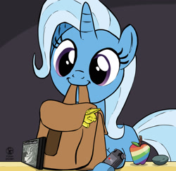 Size: 1500x1461 | Tagged: safe, imported from derpibooru, trixie, unicorn, apple, asmr, boulder, comedy, cute, food, horn, metal, rage against the rainbow machine, rock, wonderbolt badge, zap apple