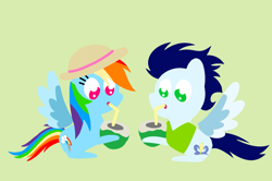 Size: 1935x1285 | Tagged: safe, anonymous artist, derpibooru exclusive, imported from derpibooru, rainbow dash, soarin', pegasus, pony, series:soarindash honeymoon, series:soarindash romantic tales, clothes, coconut, coconut water, drink, female, food, hat, male, mare, pointy ponies, shipping, sitting, soarindash, stallion, straight