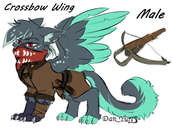 Size: 2641x2030 | Tagged: safe, alternate version, artist:yuris, imported from derpibooru, oc, oc only, oc:crossbow wing, griffon, bounty hunter, clothes, coat, crossbow, floppy ears, griffon oc, handkerchief, headhunter, hunter, male, simple background, sketch, solo, weapon, white background