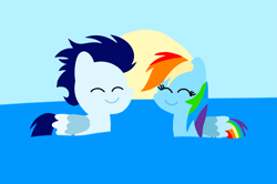 Size: 1935x1285 | Tagged: safe, anonymous artist, derpibooru exclusive, imported from derpibooru, rainbow dash, soarin', pegasus, pony, series:soarindash honeymoon, series:soarindash romantic tales, eyes closed, female, male, mare, ocean, pointy ponies, shipping, smiling, soarindash, stallion, straight, sun, swimming, water