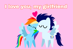 Size: 1935x1285 | Tagged: safe, anonymous artist, derpibooru exclusive, imported from derpibooru, rainbow dash, soarin', pegasus, pony, series:soarindash relationship, series:soarindash romantic tales, cheek kiss, eyes closed, female, i love you, kissing, male, mare, pointy ponies, shipping, smiling, soarindash, stallion, straight