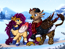 Size: 3469x2655 | Tagged: safe, artist:pridark, imported from derpibooru, oc, oc only, griffon, pegasus, pony, duo, griffon oc, not pipp petals, pegasus oc, snow, walking, wings