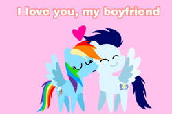 Size: 1935x1285 | Tagged: safe, anonymous artist, derpibooru exclusive, imported from derpibooru, rainbow dash, soarin', pegasus, pony, series:soarindash relationship, series:soarindash romantic tales, cheek kiss, eyes closed, female, kissing, male, mare, pointy ponies, shipping, smiling, soarindash, stallion, straight