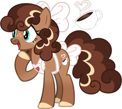 Size: 1829x1631 | Tagged: safe, artist:strawberry-spritz, imported from derpibooru, oc, earth pony, pony, apron, bow, clothes, female, hair bow, magical lesbian spawn, mare, offspring, parent:cinnamon chai, parent:minty mocha, simple background, solo, tail, tail bow, transparent background