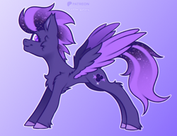 Size: 2600x2000 | Tagged: safe, artist:shad0w-galaxy, imported from derpibooru, part of a set, oc, oc only, oc:shadow galaxy, pegasus, pony, cheek fluff, chest fluff, concave belly, ear fluff, ethereal mane, female, gradient background, high res, hooves, looking at you, mare, questionable source, skinny, smiling, solo, spread wings, starry eyes, starry mane, starry tail, stretching, tail, thin, unshorn fetlocks, wingding eyes, wings