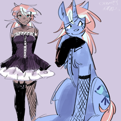 Size: 2048x2048 | Tagged: safe, artist:dmitrymemovznok, imported from derpibooru, oc, oc only, oc:laura (junosartz), human, pony, unicorn, clothes, dark skin, dress, fishnet clothing, fishnets, horn, humanized, humanized oc, simple background, socks, solo, stockings, thigh highs, unicorn oc