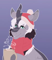 Size: 3340x3860 | Tagged: safe, artist:mustarddreams, imported from derpibooru, oc, oc only, oc:grayscale, kirin, chocolate, clothes, cute, fluffy, food, hat, hot chocolate, kirin oc, male, mug, scarf, stallion, winter outfit