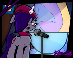 Size: 2434x1930 | Tagged: safe, artist:xxv4mp_g4z3rxx, imported from derpibooru, pony, unicorn, beret, clothes, eyeliner, female, g5, glass, gray coat, hat, horn, magenta eyes, makeup, mare, microphone, onyx, purple mane, purple tail, red scarf, scarf, signature, solo, tail, talking, three quarter view, window