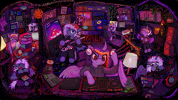 Size: 4690x2637 | Tagged: safe, artist:vemrill, imported from derpibooru, oc, oc only, oc:dubstep growl, oc:top five videos, alicorn, pony, album cover, alicorn oc, backwards ballcap, baseball cap, bipedal, cap, computer, duo, ear piercing, gay pride flag, glasses, hat, headphones, horn, lesbian pride flag, love & ponystep, nonbinary pride flag, piercing, pride, pride flag, transgender pride flag, vylet pony, wings