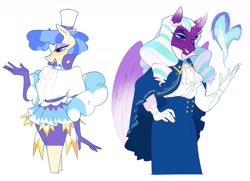 Size: 1317x954 | Tagged: safe, artist:aztrial, imported from derpibooru, opaline arcana, sapphire shores, alicorn, anthro, earth pony, clothes, coat, dress, duo, duo female, evening gloves, eyeshadow, fashion, female, fire magic, g5, gloves, grin, hat, long gloves, magic, makeup, open mouth, simple background, skirt, smiling, top hat, white background