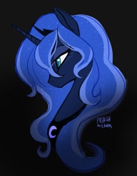 Size: 1004x1280 | Tagged: safe, artist:peachmichea, imported from derpibooru, princess luna, alicorn, pony, black background, bust, female, mare, profile, signature, simple background, solo