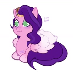 Size: 1608x1618 | Tagged: safe, artist:peachmichea, imported from derpibooru, pipp petals, pegasus, pony, adorapipp, cute, female, g5, lying down, mare, no pupils, ponyloaf, prone, signature, simple background, smiling, solo, white background