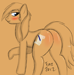 Size: 1280x1300 | Tagged: safe, artist:ensayne, imported from derpibooru, oc, oc only, earth pony, blushing, butt, oc name needed, orange background, raised hoof, shiny butt, signature, simple background, solo