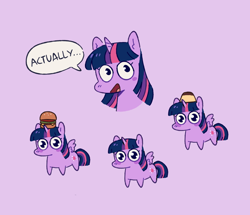 Size: 1122x964 | Tagged: safe, artist:tinypurplebrush, imported from derpibooru, twilight sparkle, alicorn, pony, blush sticker, blushing, burger, bust, female, flan, food, looking at you, mare, pudding, purple background, simple background, solo, squatpony, twilight sparkle (alicorn)