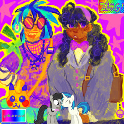 Size: 2048x2048 | Tagged: safe, artist:starfrootparfait, imported from derpibooru, dj pon-3, octavia melody, vinyl scratch, earth pony, human, pony, unicorn, equestria girls, bag, dark skin, duo, female, headphones, horn, lesbian, light skin, nonbinary pride flag, pride, pride flag, scratchtavia, shipping