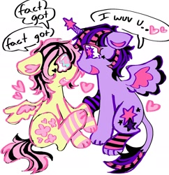 Size: 1859x1918 | Tagged: safe, artist:girl-bug 925, imported from derpibooru, fluttershy, twilight sparkle, alicorn, pegasus, pony, alternate design, alternate hairstyle, coontails, duo, emo twilight, emoshy, faggot, female, heart, leonine tail, lesbian, pawed hoof, paws, shaped horn, shipping, simple background, slur, tail, twilight sparkle (alicorn), twishy, vulgar, white background