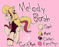 Size: 1280x1020 | Tagged: safe, artist:cowsrtasty, imported from derpibooru, oc, oc only, oc:melody bash, unicorn, bracelet, clothes, ear piercing, earring, female, grin, horn, jewelry, mare, piercing, reference sheet, smiling, solo, tail, unicorn oc