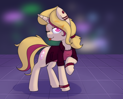 Size: 1280x1029 | Tagged: safe, artist:lockheart, imported from derpibooru, oc, oc only, oc:melody bash, earth pony, pony, unicorn, bracelet, clothes, ear piercing, earth pony oc, female, gift art, horn, jacket, jewelry, looking at you, mare, one eye closed, piercing, raised hoof, shirt, smiling, solo, tail, tongue out, unicorn oc, wink, winking at you