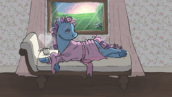 Size: 1920x1080 | Tagged: safe, artist:universalheart, imported from derpibooru, earth pony, pony, bathrobe, bow tie (g1), clothes, couch, g1, lying down, robe, solo