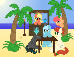 Size: 1280x983 | Tagged: safe, artist:plone, imported from derpibooru, oc, oc only, oc:bahama nectar, oc:penny inkwell, oc:plonepone, oc:wafflecakes, oc:winter gear, earth pony, pegasus, pony, 3d, beach, blender, blush lines, blushing, earth pony oc, female, folded wings, hiding, mare, open mouth, open smile, outdoors, palm tree, pegasus oc, sitting, smiling, stall, tail, tree, wavy mouth, wings