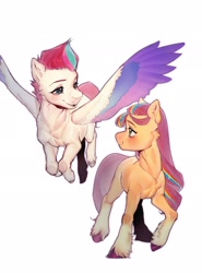 Size: 1518x2048 | Tagged: safe, artist:crayonin_wolf, imported from derpibooru, sunny starscout, zipp storm, earth pony, pegasus, pony, blushing, duo, duo female, female, flying, g5, lesbian, looking at each other, looking at someone, mane stripe sunny, mare, shipping, simple background, spread wings, sunnystorm, white background, wings