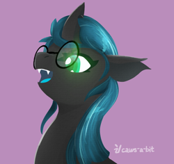 Size: 774x732 | Tagged: safe, artist:capital-asterisk, imported from derpibooru, oc, oc only, changeling, changeling queen, blue mouth, bust, changeling oc, changeling queen oc, evil grin, fangs, female, glasses, green eyes, grin, pink background, portrait, round glasses, signature, simple background, slit pupils, smiling, solo