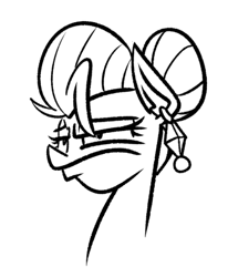 Size: 357x434 | Tagged: safe, artist:cowsrtasty, imported from derpibooru, oc, oc only, oc:penny inkwell, earth pony, pony, black and white, bust, ear piercing, earring, earth pony oc, female, frown, grayscale, grumpy, jewelry, lidded eyes, mare, monochrome, piercing, portrait, simple background, solo, unamused, white background