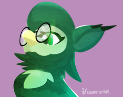 Size: 789x624 | Tagged: safe, artist:capital-asterisk, imported from derpibooru, oc, oc only, griffon, beak, bust, disguise, disguised changeling, glasses, green eyes, griffon oc, pink background, portrait, round glasses, simple background, slit pupils, solo