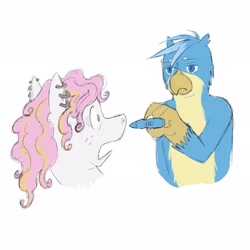 Size: 2048x2048 | Tagged: safe, artist:universalheart, imported from derpibooru, gallus, oc, oc:summerfree apple, earth pony, griffon, pony, duo, ear piercing, earth pony oc, eyebrow piercing, male, male pregnancy, piercing, pregnancy test, pregnant, simple background, white background