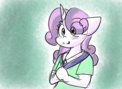 Size: 1886x1371 | Tagged: safe, artist:zutcha, imported from derpibooru, sweetie belle, anthro, unicorn, abstract background, blush scribble, blushing, bust, clothes, cute, diasweetes, eye clipping through hair, female, floppy ears, horn, sketch, smiling, solo