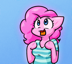 Size: 1023x907 | Tagged: safe, artist:zutcha, imported from derpibooru, pinkie pie, anthro, earth pony, arm hooves, clothes, cute, diapinkes, female, looking up, open mouth, open smile, shirt, smiling, solo, striped shirt