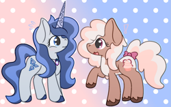 Size: 1559x976 | Tagged: safe, artist:mimiqq, imported from derpibooru, oc, oc only, oc:rime-or-reason, oc:sweet bravery, earth pony, pony, unicorn, blushing, bow, duo, duo female, female, flushed face, gradient background, horn, implied lesbian, implied shipping, mare, nervous, nova charm, oc x oc, polka dot background, raised hoof, shipping, tail, tail bow, unshorn fetlocks