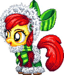 Size: 992x1160 | Tagged: safe, artist:cheshiretwilight, artist:epicvon, imported from derpibooru, apple bloom, earth pony, pony, christmas, clothes, digital art, earmuffs, female, filly, foal, holiday, hood, manepxls, open mouth, pixel art, pxls.space, scarf, simple background, solo, striped scarf, transparent background, winter outfit