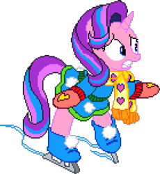 Size: 980x1064 | Tagged: safe, artist:epicvon, imported from derpibooru, starlight glimmer, pony, unicorn, clothes, digital art, female, horn, ice skates, ice skating, manepxls, mare, mittens, pixel art, pxls.space, scarf, simple background, skates, skating, solo, transparent background, worried