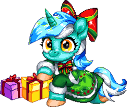 Size: 960x812 | Tagged: safe, artist:epicvon, imported from derpibooru, pony, unicorn, bow, christmas, clothes, digital art, female, hair bow, holiday, horn, looking at you, lying down, manepxls, mare, pixel art, present, pxls.space, simple background, smiling, solo, transparent background