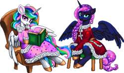 Size: 902x530 | Tagged: safe, artist:epicvon, imported from derpibooru, princess celestia, princess luna, alicorn, pony, book, chair, christmas, clothes, digital art, duo, duo female, ethereal mane, female, holiday, looking at you, manepxls, mare, partially open wings, pixel art, pxls.space, simple background, sitting, smiling, starry mane, transparent background, wings