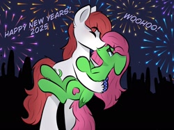 Size: 2048x1535 | Tagged: safe, artist:doodle-hooves, oc, oc only, pony, eyes closed, female, kissing, male, male and female, mare, new year, stallion, text