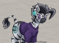 Size: 1465x1074 | Tagged: safe, artist:reddthebat, imported from derpibooru, oc, oc only, oc:zerø, zebra, clothes, ear gauges, looking at you, male, shirt, signature, smiling, smiling at you, solo, stallion, zebra oc