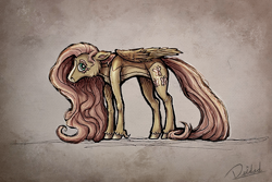 Size: 1803x1202 | Tagged: safe, artist:deidad dissitum, imported from derpibooru, fluttershy, pegasus, pony, digital art, mixed media, solo, timid, traditional art, unshorn fetlocks