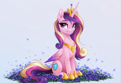 Size: 2104x1440 | Tagged: safe, imported from twibooru, princess cadance, alicorn, pony, ai content, ai generated, ear fluff, female, flower, folded wings, generator:zoinksnoob, image, looking at you, looking sideways, mare, needs more jpeg, prompter:siber, simple background, sitting, smiling at you, solo, white background, wings