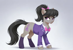 Size: 2104x1440 | Tagged: safe, imported from twibooru, octavia melody, earth pony, pony, ai content, ai generated, alternate hairstyle, bow, bowtie, clothes, ear fluff, eyebrows visible through hair, female, generator:zoinksnoob, hair bow, hooves, image, jacket, looking sideways, mare, needs more jpeg, ponytail, prompter:siber, simple background, socks, solo, standing, white background