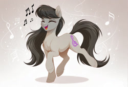 Size: 2104x1440 | Tagged: safe, imported from twibooru, octavia melody, earth pony, pony, ai content, ai generated, chest fluff, dancing, eyebrows visible through hair, eyes closed, female, generator:zoinksnoob, gradient background, happy, hooves, image, mare, music notes, needs more jpeg, open mouth, open smile, prompter:siber, smiling, solo